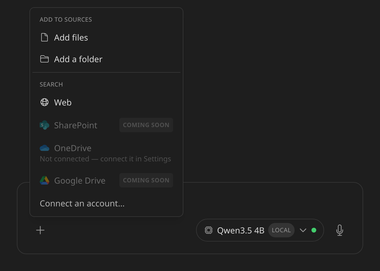 The composer's + menu, open, showing Add files and Add a folder under Add to sources, and the Search connectors below
