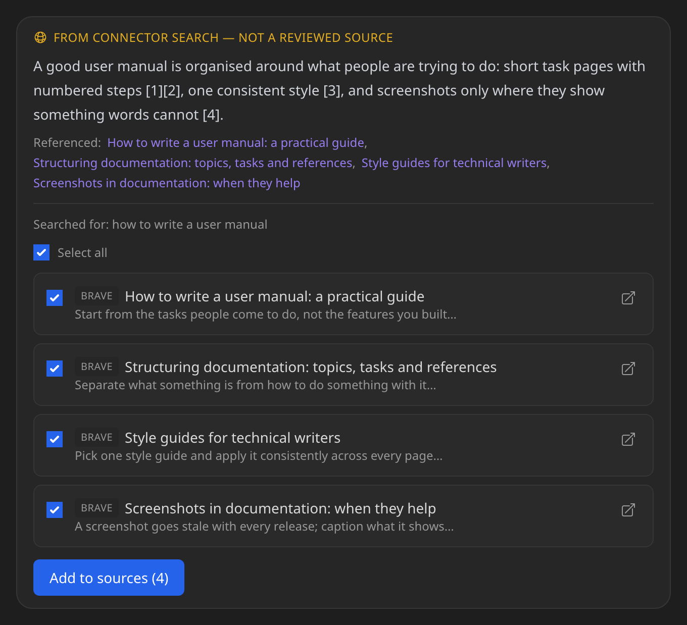 A web-search result: a short answer marked as not from a reviewed source, the results with checkboxes, and an Add to sources button
