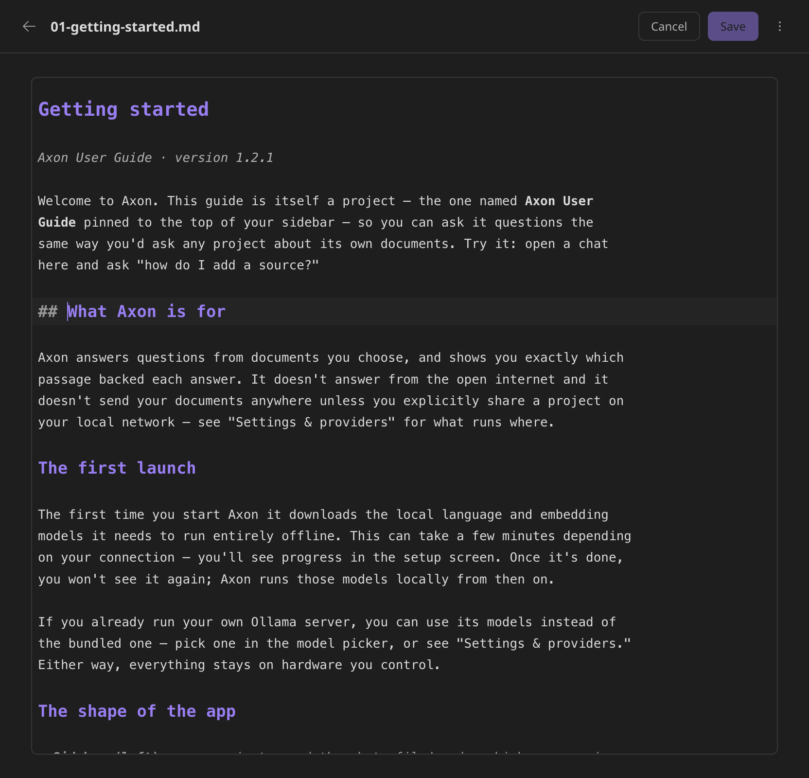 The Markdown editor: a heading rendered, with the raw ## showing on the heading where the cursor is