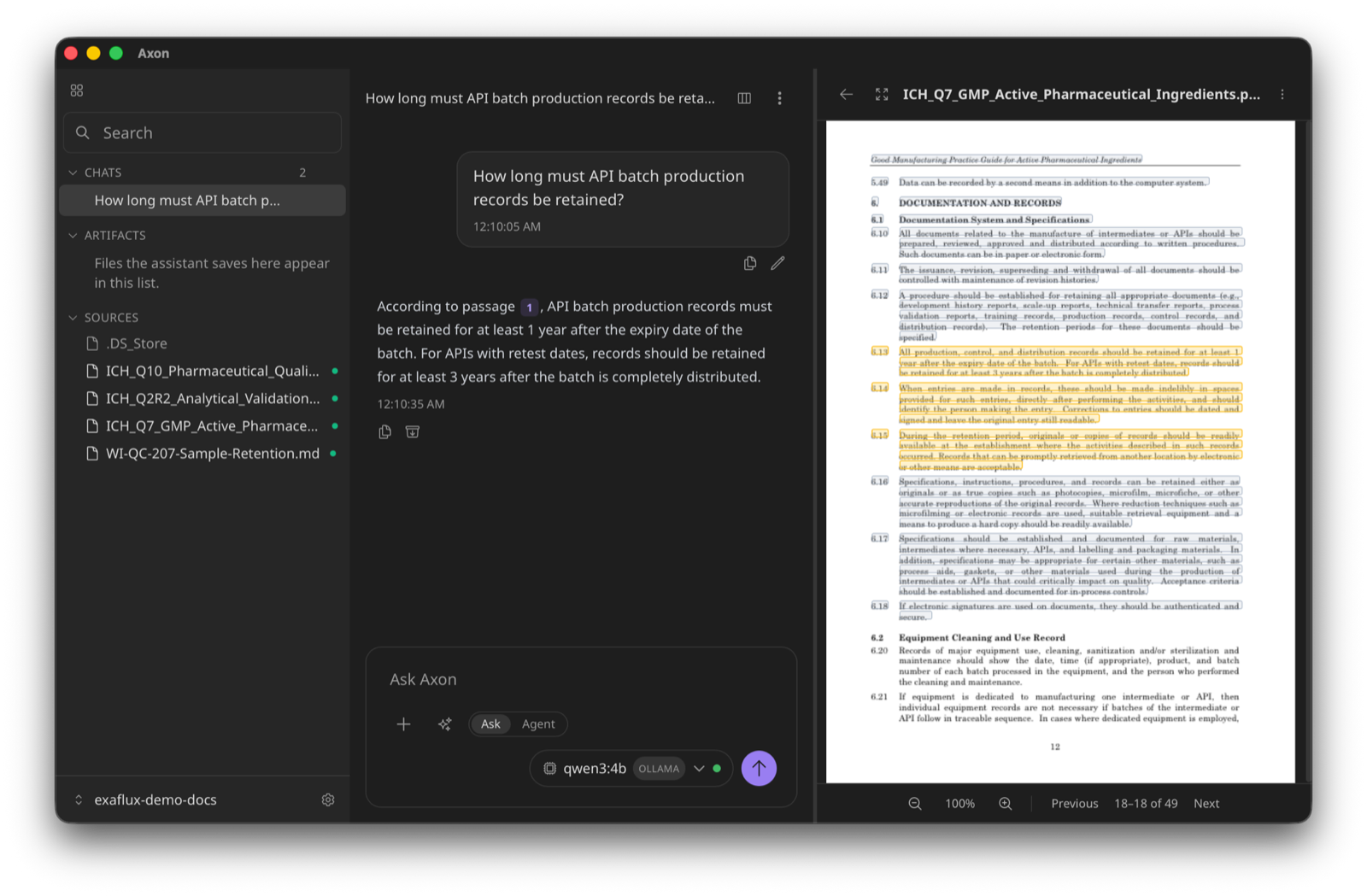 The Axon desktop app: a question about how long API batch production records must be retained, answered with a numbered citation, and the ICH Q7 PDF open alongside with the cited passage highlighted on page 12