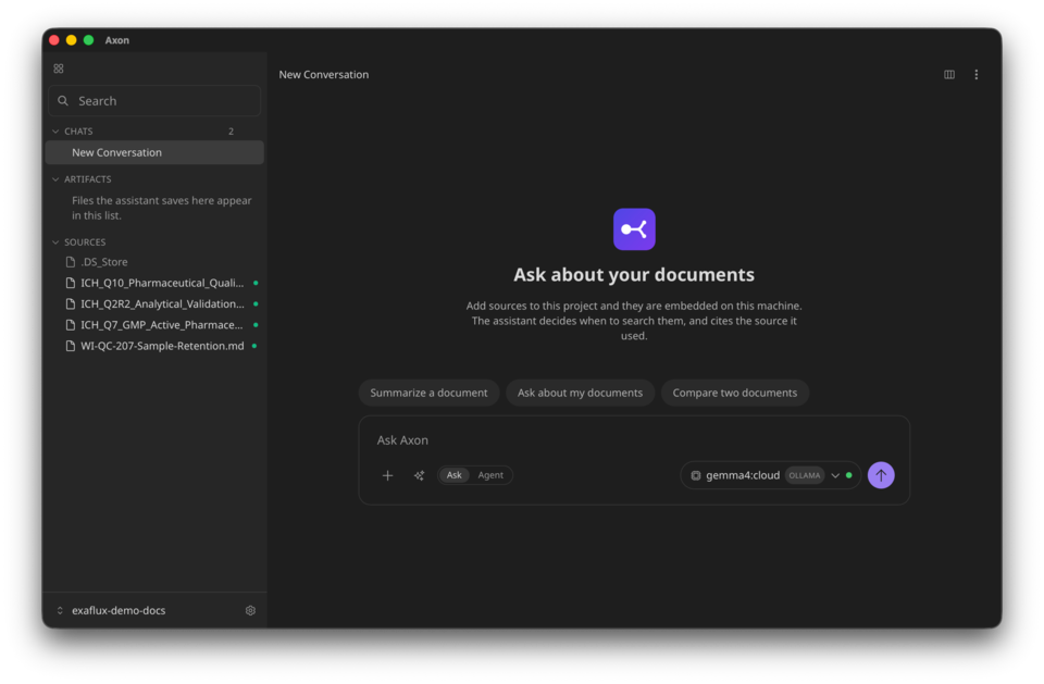 The Axon desktop app, with indexed sources listed beside a new conversation