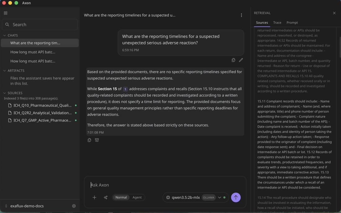Axon answering that the indexed documents contain no reporting timelines for adverse reactions, with the retrieval panel showing the nearest passage it found